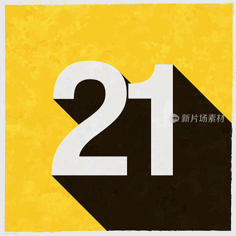 21 -数字21。图标与长阴影的纹理黄色背景